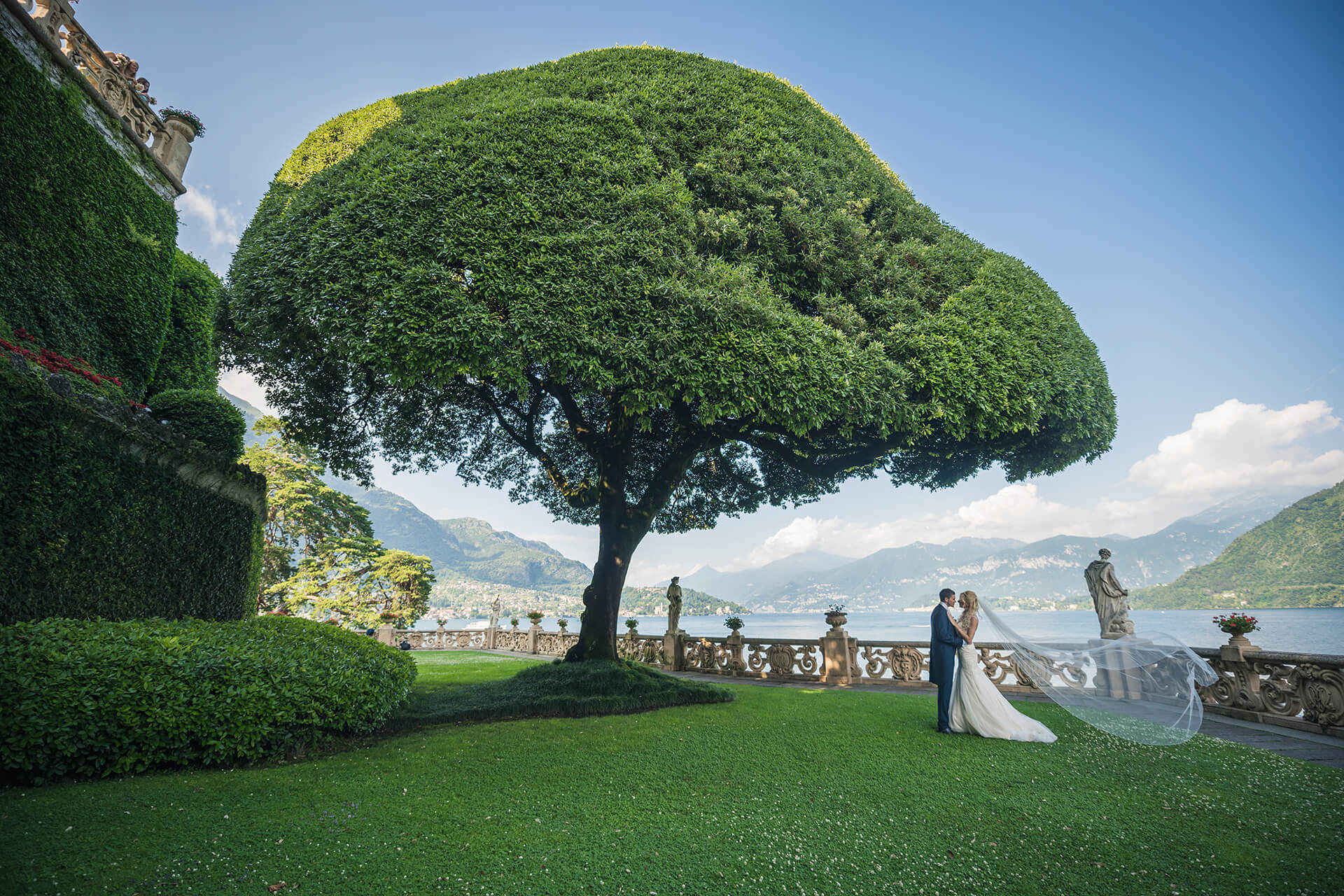 coppia di sposi sotto un albero in giardino a villa del balbianello